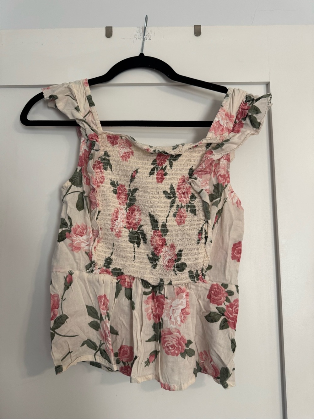 Old Navy Cream Floral Smocked Peplum Camisole - Pink & Green Roses